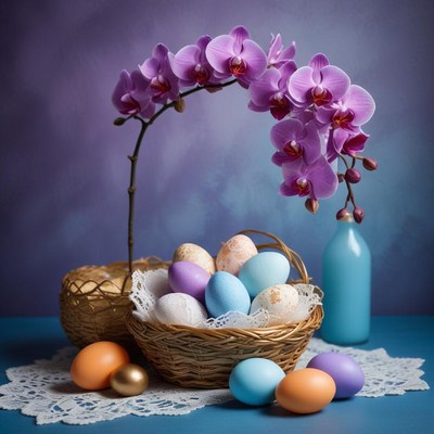 Beautiful decorated eggs in baskets with orchid flowers