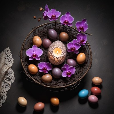 Decorative easter basket with candles and flowers