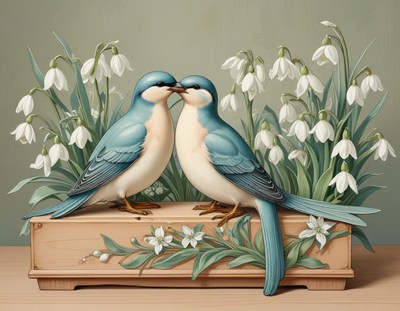 Blue birds share a tender moment among flowers