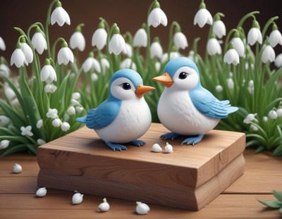 Two blue birds and flowers on a wooden block