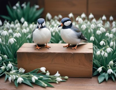 Birds perched on wooden block amidst blooming flowers