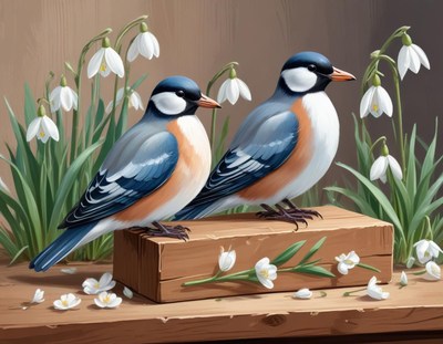 Birds interacting among flowers in a cozy setting