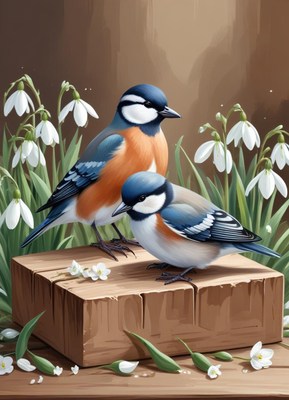 Colorful birds perched among snowdrops in springtime