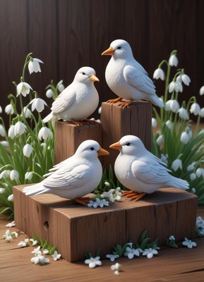 Four white birds perched on wooden blocks with flowers