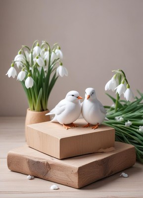 Charming white birds display affection among spring flowers