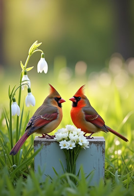 Colorful cardinals perched near white flowers