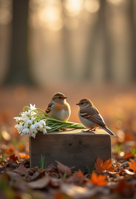 Birds perched on a wooden block with flowers in autumn light
