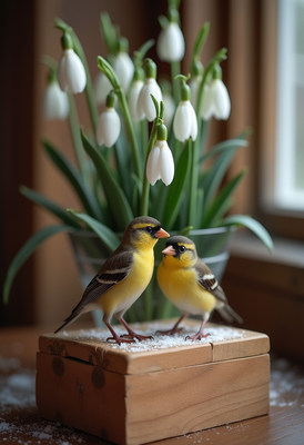 Two yellow birds perched near blooming snowdrops