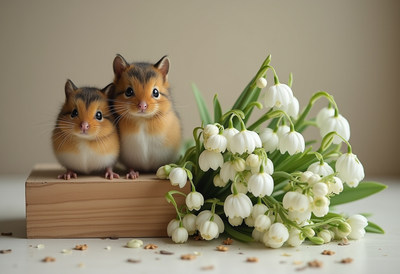 Two hamsters posing beside blooming flowers indoors