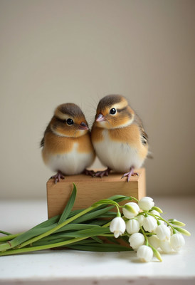 Two small birds perched together with flowers nearby
