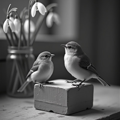 Birds perched on a block in a cozy indoor setting