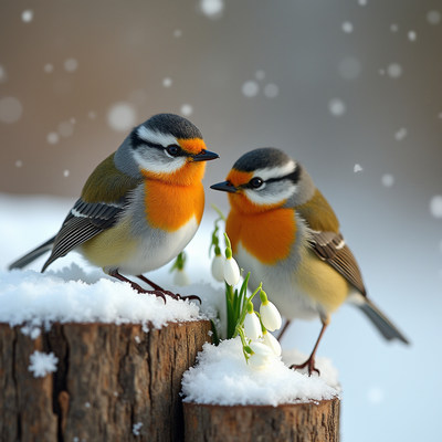 Birds enjoying snowdrops during winter time