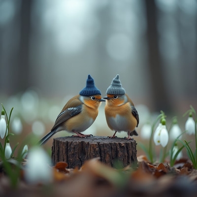Birds wearing hats in a serene forest setting