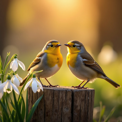 Two birds perched on a log during springtime