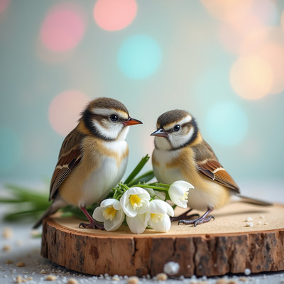 Birds perched on wood slice with flowers in soft light