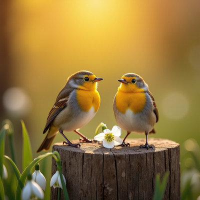 Two colorful birds perched with spring flowers at sunset