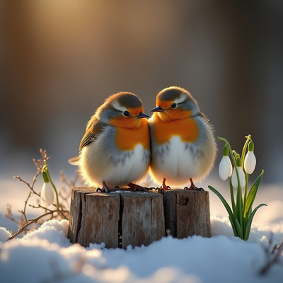 Two cute birds share a moment on a snowy stump