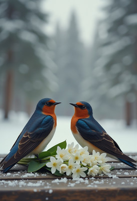 Beautiful birds on a snowy wooden table in winter