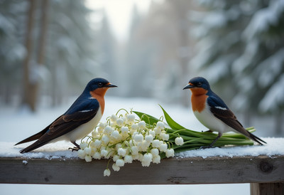 Birds and flowers create a serene winter atmosphere
