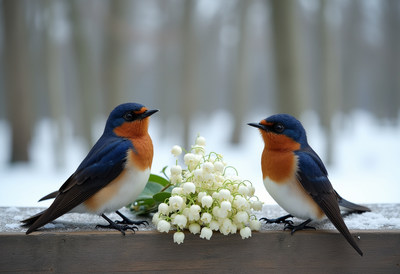 Two birds admire flowers in a snowy woodland setting