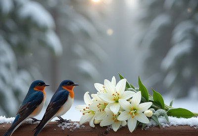 Birds and flowers in a snowy forest setting