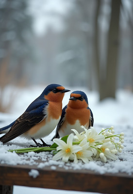 Birds perched on flowers in wintery landscape