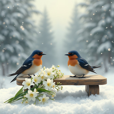 Two birds perched on a wooden platform in winter snow