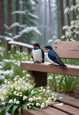 Birds perched on bench surrounded by spring flowers