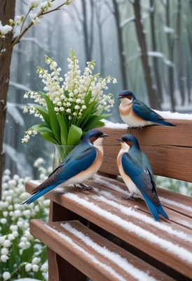 Birds gathering on a snowy bench with flowers nearby