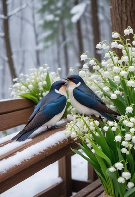 Blue birds share a moment near fresh flowers in winter