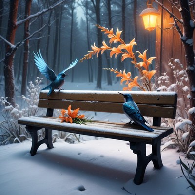 Birds perch on a snowy bench in a quiet forest
