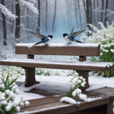 Birds perched on snowy bench in winter garden setting