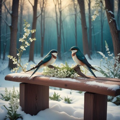 Birds perched on a snowy bench in a tranquil forest