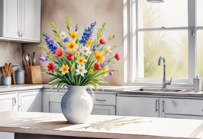Bright flower arrangement on kitchen counter in sunlight