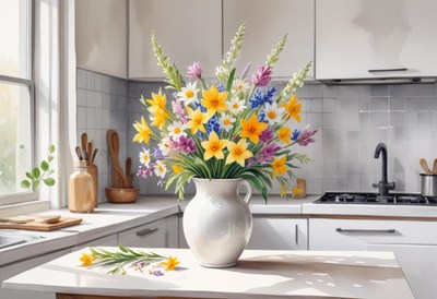 Bright spring flowers arranged in a kitchen vase