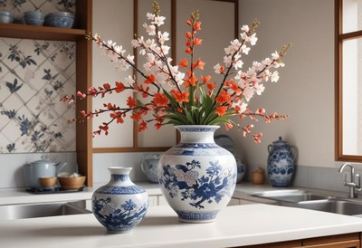 Beautiful vases with flowers in modern kitchen setting