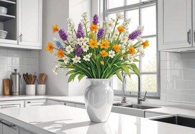 Bright floral arrangement in modern kitchen setting