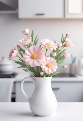 Pink flowers in a white vase on a kitchen table