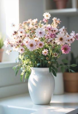 Bright flowers in a white vase on a sunny windowsill