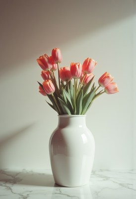 Beautiful tulips in a white vase on a marble table