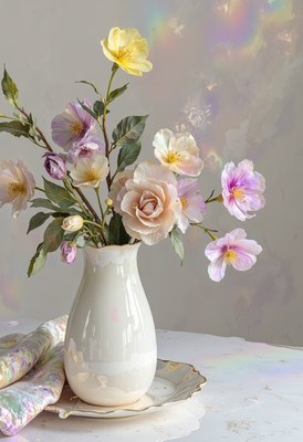 Elegant bouquet of pastel flowers in a ceramic vase