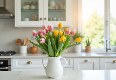 Bright tulips in a vase on a kitchen counter