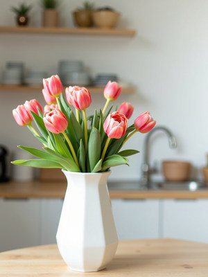 Fresh pink tulips in a modern kitchen vase
