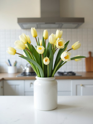 Fresh yellow tulips in a kitchen vase
