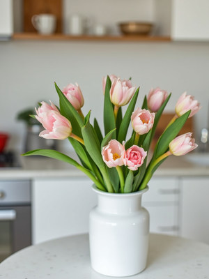 Fresh pink tulips in a white vase on a kitchen table