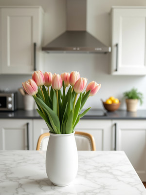 Fresh pink tulips arranged in a vase on kitchen table
