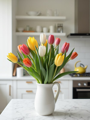 Colorful tulips arranged in a kitchen vase