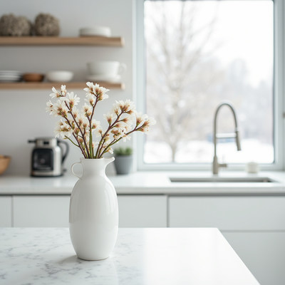Elegant white vase with flowers in modern kitchen setting