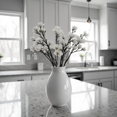 Bright kitchen with white flower vase on marble counter