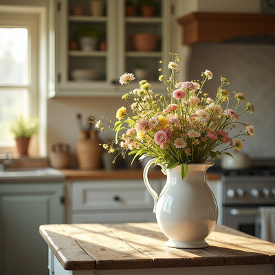 Fresh wildflowers in a rustic kitchen setting